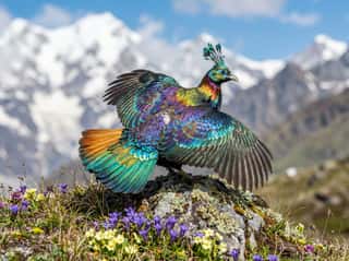Vibrant Himalayan Monal (Danfe) in the snow