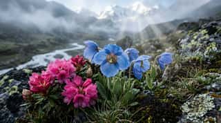 Blue Himalayan poppies and pink rhododendrons