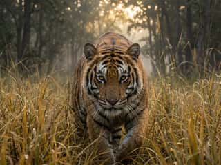 Bengal tiger walking through dense jungle