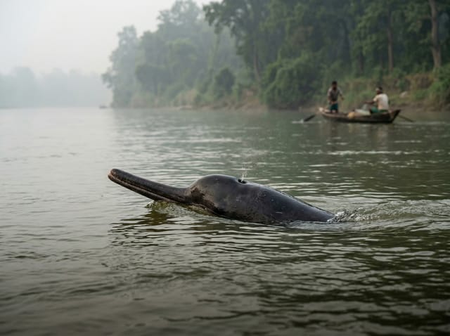 Endangered Gangetic river dolphin in the Rapti river rapids